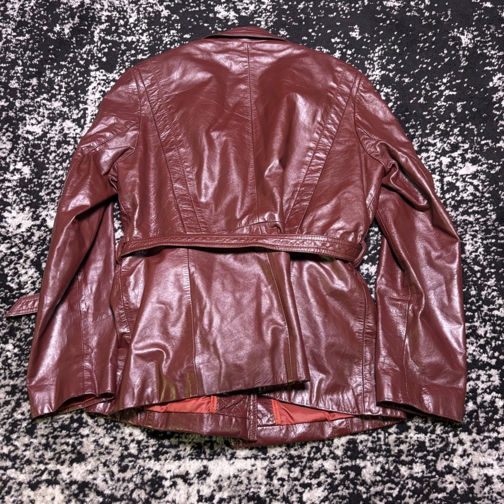 Vintage Bermans The Leather Experts Burgundy Belted Leather Jacket Coat Size 12 - Picture 2 of 5